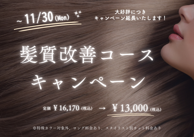 【11/30まで延長決定!】秋の美髪ケア☆髪質改善コースキャンペーン